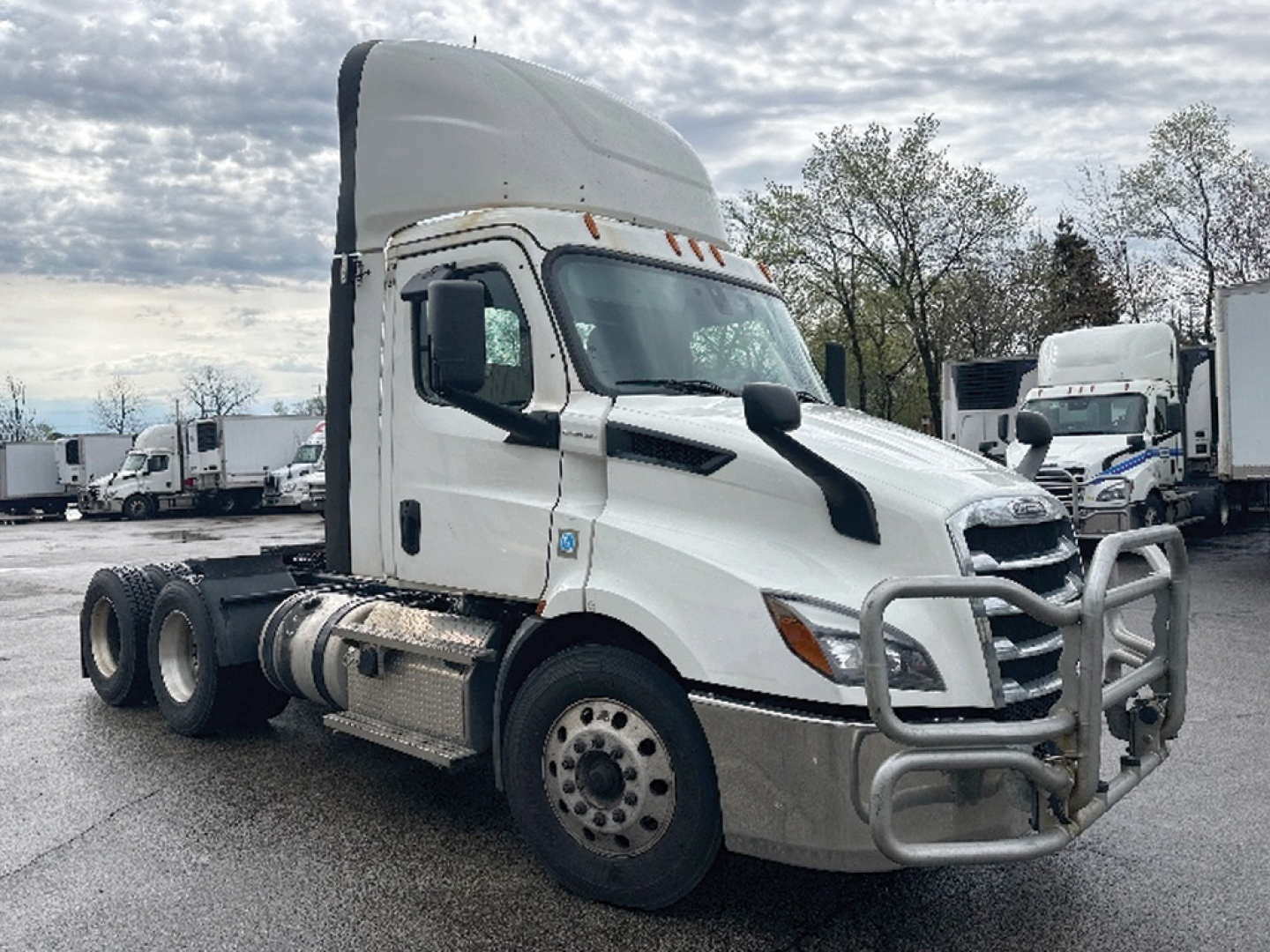 Freightliner Cascadia 116 tractor-truck front-left view with chrome bumper guard. Visible text on cab window area not legible; overall white truck with dual rear axles, fuel tanks, and chrome side steps.
