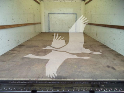 Ford E-350 XL SD cargo box interior showing empty plywood floor and sidewalls, with rear ramp door and circular logo watermark.