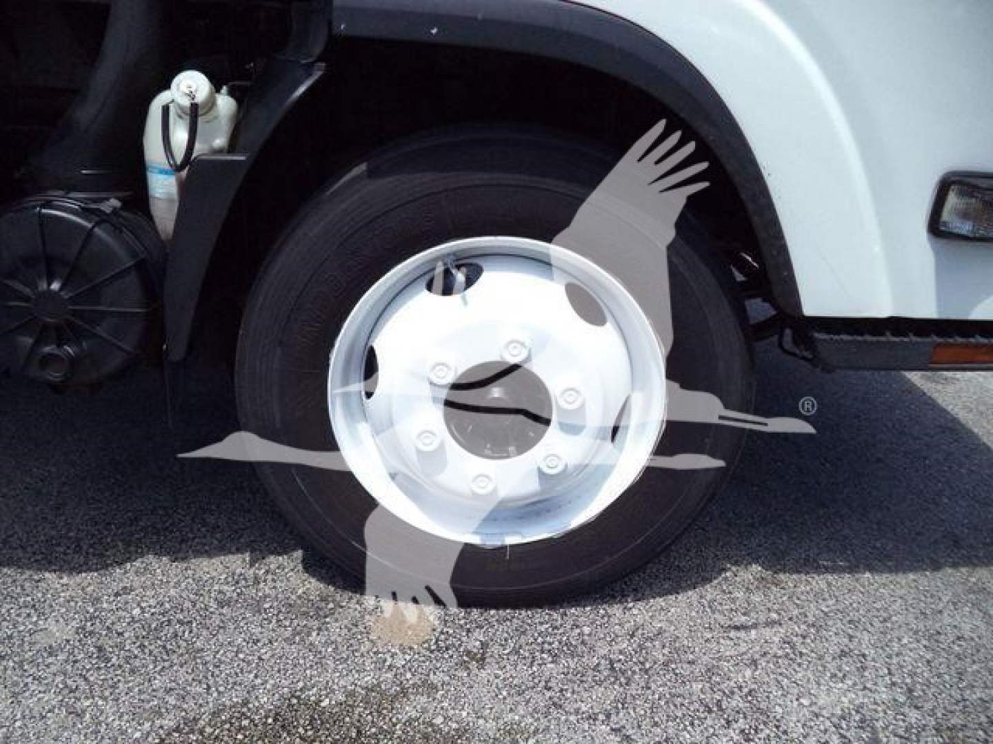 Isuzu NPR-HD truck front wheel well and hubcap with surrounding body, fuel/wlood reservoir visible; partial cab side and wheel visible.