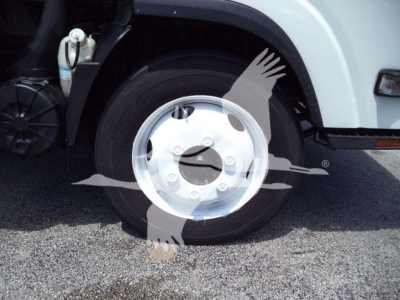 Isuzu NPR-HD truck front wheel well and hubcap with surrounding body, fuel/wlood reservoir visible; partial cab side and wheel visible.