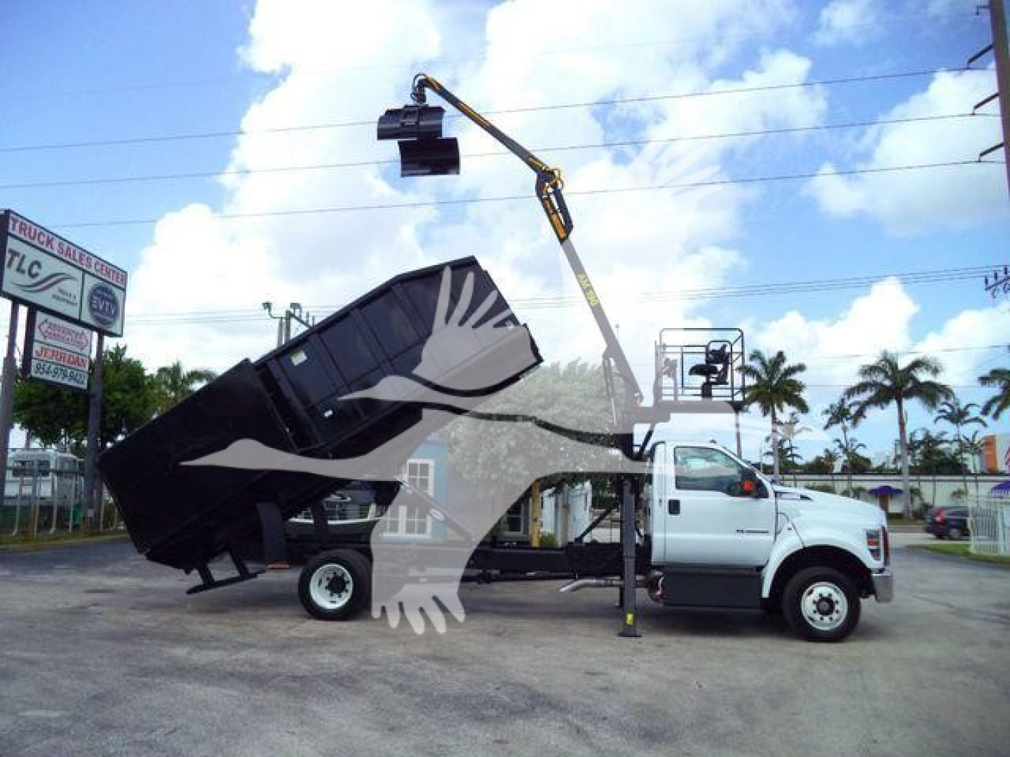Ford F-650 grapple truck with a raised hydraulic arm and grapple bucket; side view showing truck cab and flatbed with crane apparatus; no legible model text visible on the image.