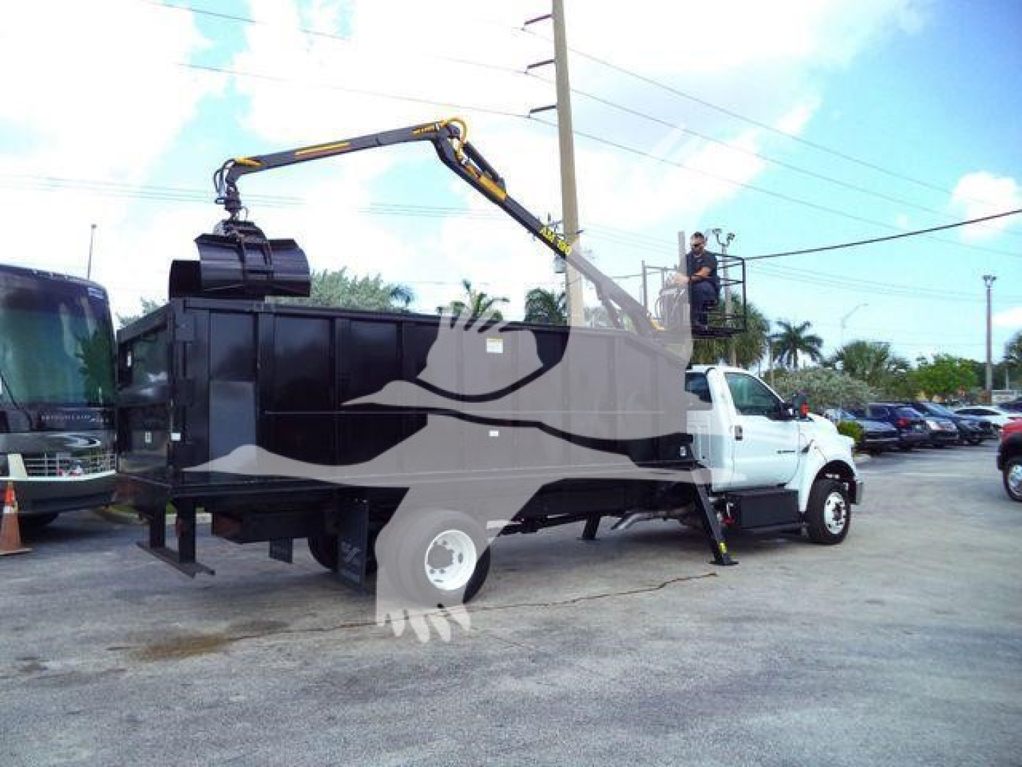 Ford F-650 grapple truck with a hydraulic arm and clamp, black/white color scheme, side view showing a man on a platform near the cab.