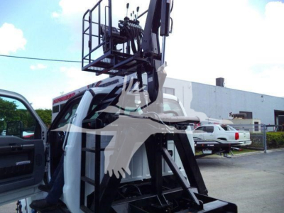 Ford F-650 grapple truck with mounted hydraulic crane, cab-side view showing operator door and grapple boom structure.