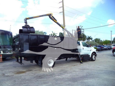 Ford F-650 grapple truck with a hydraulic arm and clamp, black/white color scheme, side view showing a man on a platform near the cab.