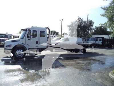 Truck cab and rollback chassis of a 2027 Freightliner Business Class M2 106 showing front profile, cab doors, and long flatbed.