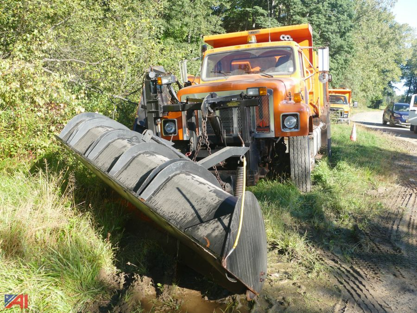 Dump truck with an attached snow plow blade in a grassy roadside area; orange cab, large front bumper, black grille, and hazard lights.
