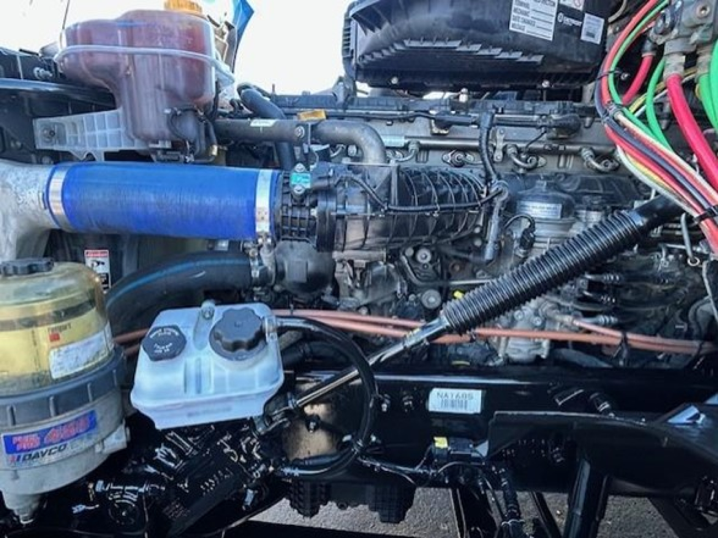 Freightliner Cascadia 126 engine bay showing top of engine with blue radiator hose, coolant reservoir, air filter canister, and wiring harnesses.