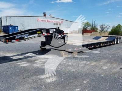 Eager Beaver 35Gsl lowboy trailer showing S/N PT with black gooseneck and long flat deck