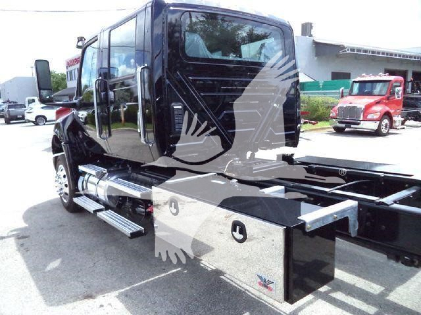 Truck cab with chrome toolbox and side steps; overlay watermark image of a bird; no legible labels visible on the image itself.