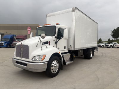 Kenworth T270 box truck in side view showing cab and large rear box with VIN 2NKHHM6X0NM486230 visible on listing; stock 0632206; used vehicle.