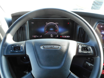 Freightliner Cascadia truck interior steering wheel and dashboard with digital instrument cluster showing 'FREIGHTLINER' emblem on wheel and control stalks.