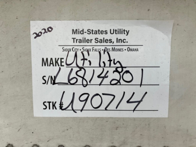 Label on a 2020 Mid-States Utility trailer showing Make, S/N, and STK numbers. Text includes 'Mid-States Utility Trailer Sales, Inc.' and handwritten numbers.