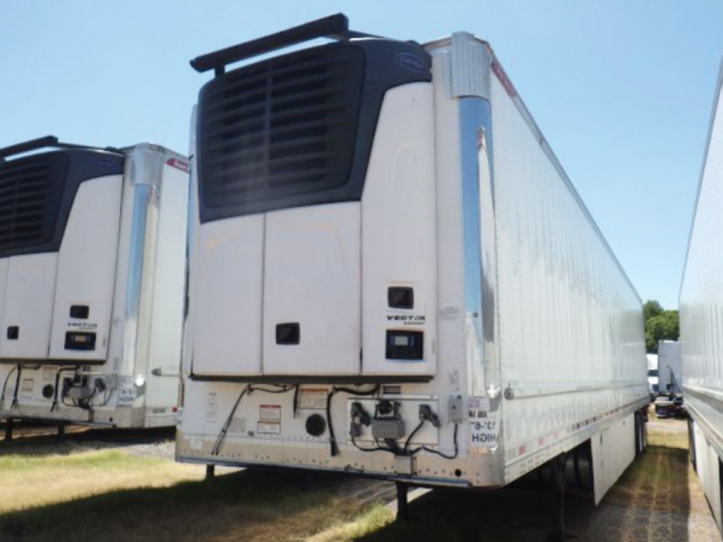 Trailer refrigeration unit on a Great Dane multi-temp refrigerated trailer showing front area and lower front panel with cooling unit and bumper.