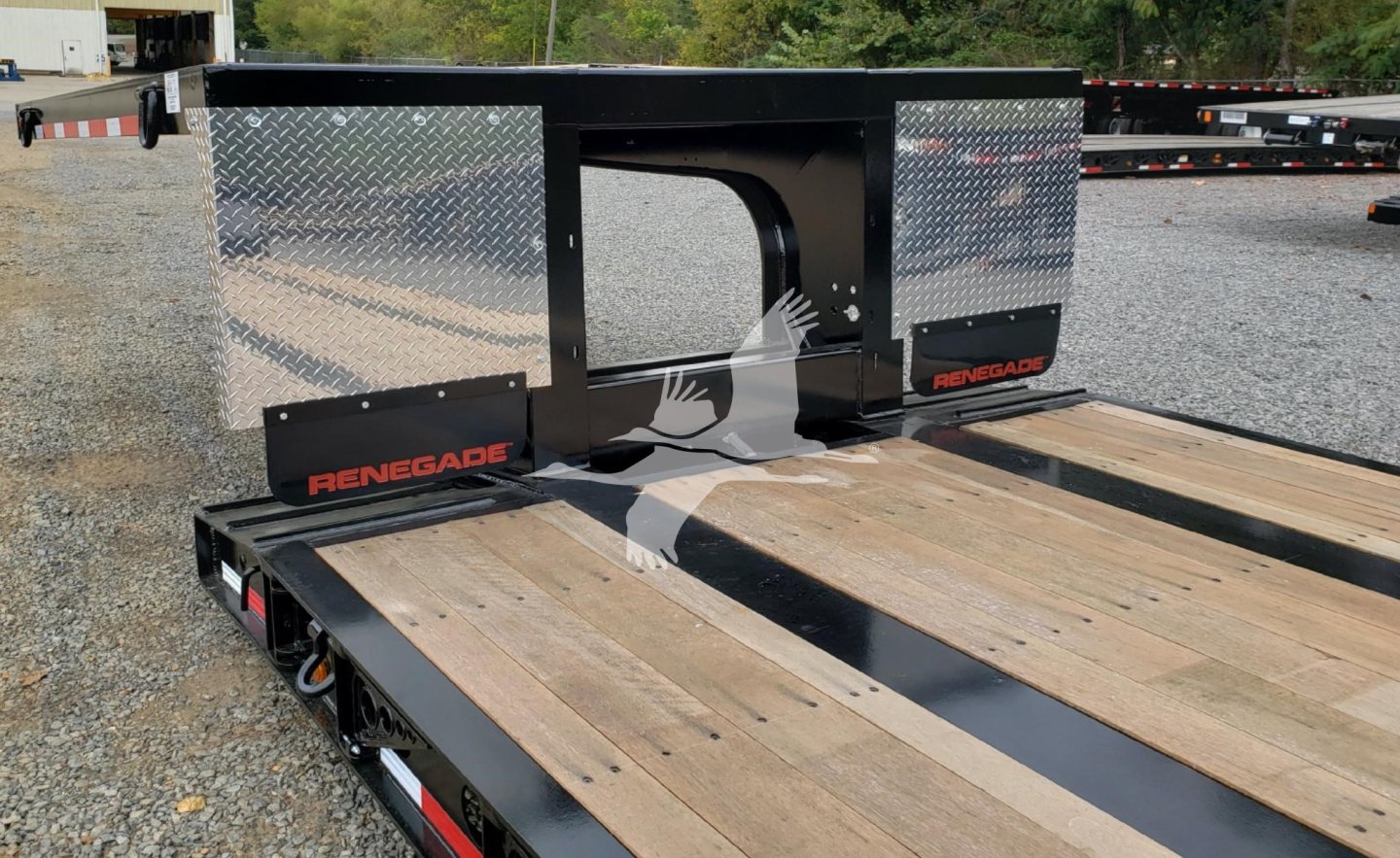 Fontaine Renegade trailer with diamond plate side panels and a low-profile gooseneck; wood deck and black rail accents; 'Renegade' branding visible on sides.