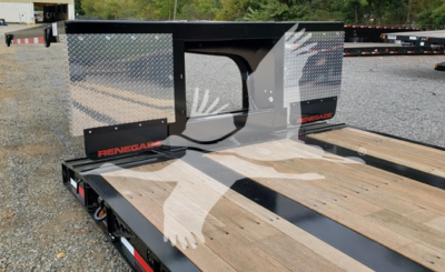 Flatbed trailer with diamond plate side panels and Renegade branding, wooden deck, open gooseneck area, black frame, set in a lot.