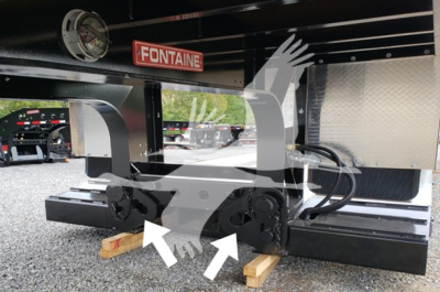 Fontaine Renegade trailer rear showing dual gooseneck receiver and storage step, with Fontaine logo and VIN plate in view