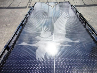 Truck bed or ramp with diamond plate pattern reflecting sunlight; bird graphic on surface.
