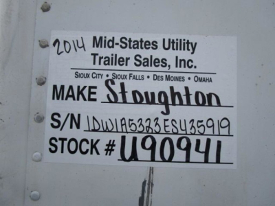 Label showing manufacturer and stock information: '2014 Mid-States Utility Trailer Sales, Inc.' with locations listed; S/N 1DW1A5323ES435919; STOCK # U90941; handwritten MAKE Stoughton.