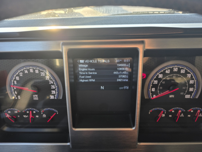 Dashboard of a 2022 Mack Granite dump truck showing instrument cluster and central display with vehicle totals readouts.