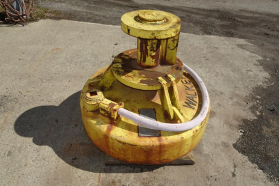 Walker 40LM hydraulic cutter head/rotary unit in yellow with white hose attached and circular top. Visible text on unit reads WALKER.