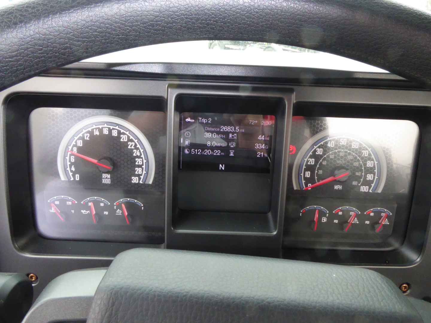 Mack MD7 dash cluster showing digital display and analog gauges in instrument panel with steering wheel at bottom.