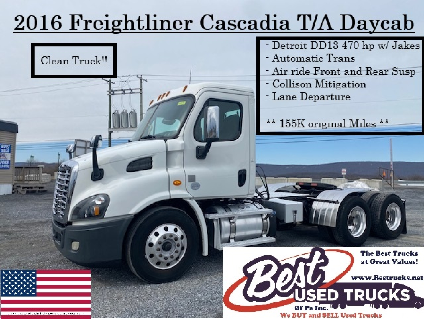 Truck cab exterior showing 2016 Freightliner Cascadia T/A Daycab with text box listing Detroit DD13 470 hp with Jake brakes, automatic transmission, air ride front and rear suspension, collision mitigation, lane departure.