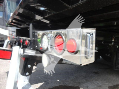 Swing-out bumper with chrome box and round taillights under the truck bed viewed from behind.