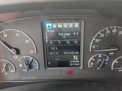 Dashboard of 2022 Freightliner Cascadia 126 truck with digital dash showing trip MPG 8.3, 73°F, 481,643 mi, N gear, eco mode, and warning icons.