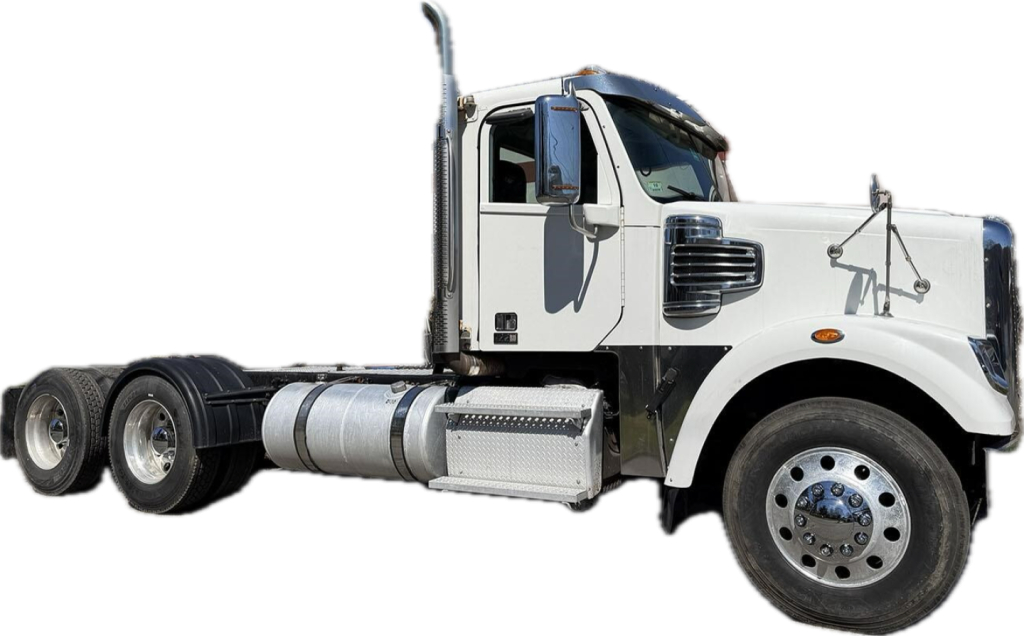 Truck side-view of a white 2019 Freightliner 122SD conventional daycab showing cab, fuel tanks, and dual rear axles.