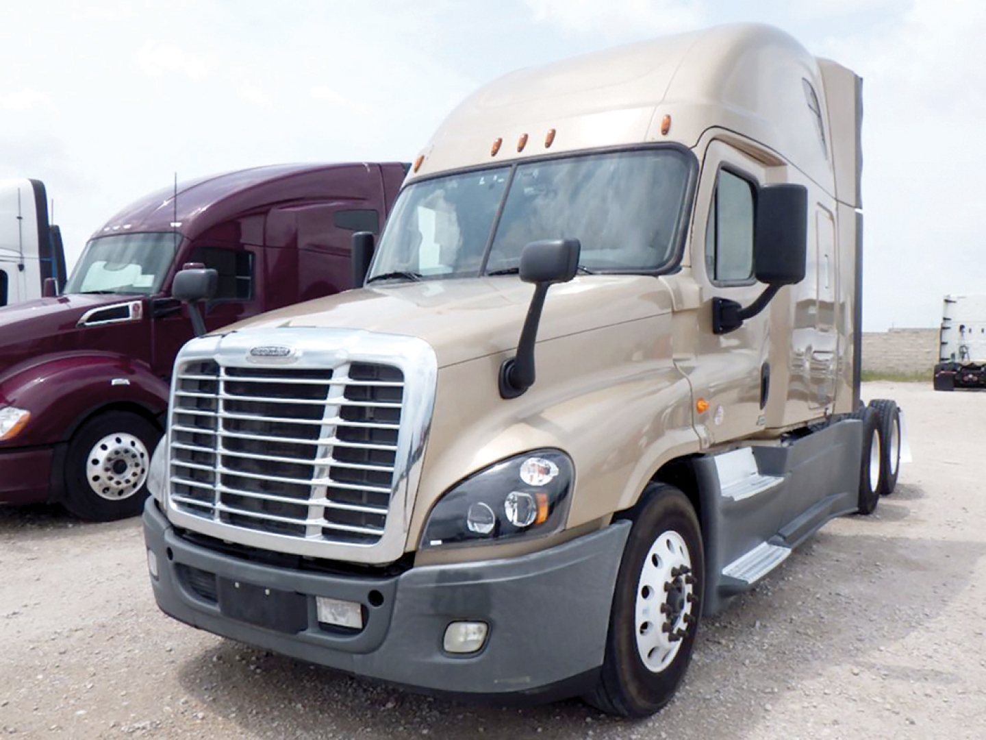 Freightliner Cascadia125 Evolution tractor cab in beige showing front grille, bumper, and side mirror with sleeper cab; visible VIN and stock info not on image.
