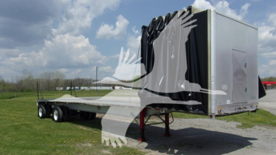 Curtainside trailer showing an extended flatbed with rear door and tandem axles, 2013 Mac 72K Beam model with VIN 5MAPA482XDA024940.