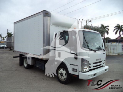 Isuzu NQR box truck in view showing cargo box and cab from front-left angle