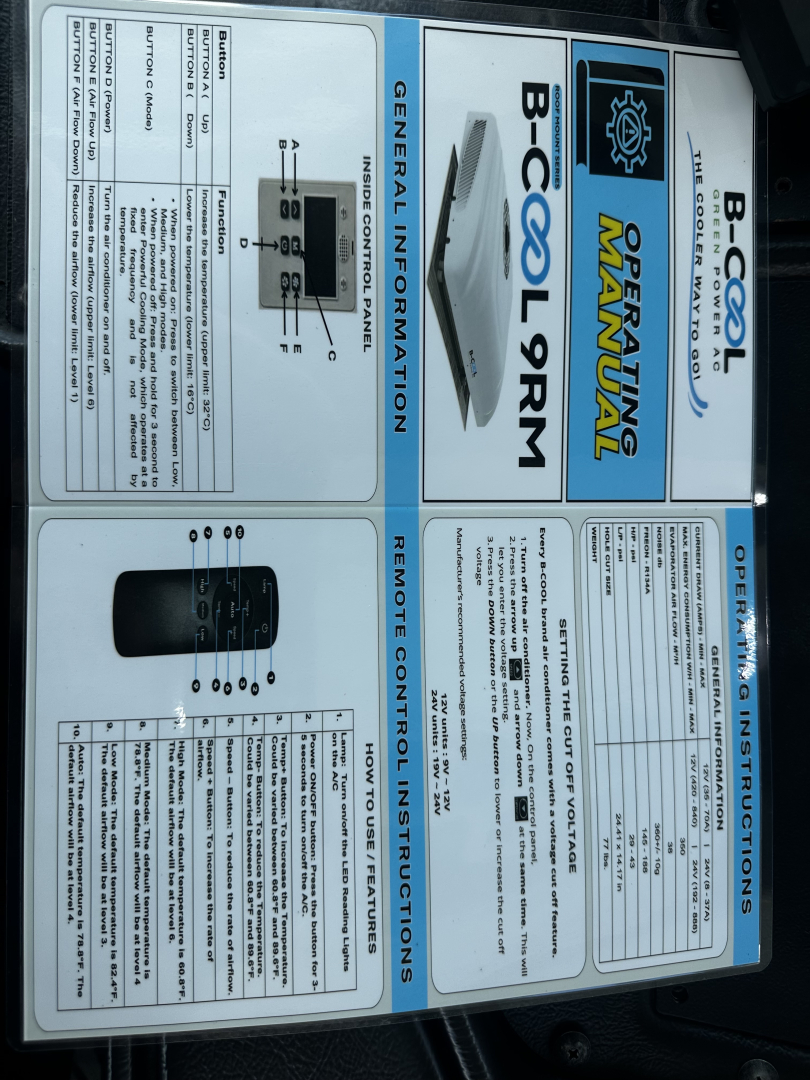 B-Cool XPERRM general information label on a truck showing OEM operating instructions and warranty diagram with a digital display panel and various instruction panels.