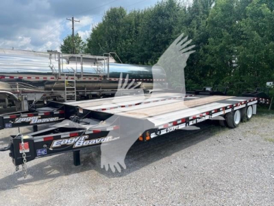 Trailer showing a long flatbed trailer with dual rear axles, silver cylindrical tank, and Eagle Beaver logo overlay. Visible text includes 20XPT on the rail and TL088393 stock tag.