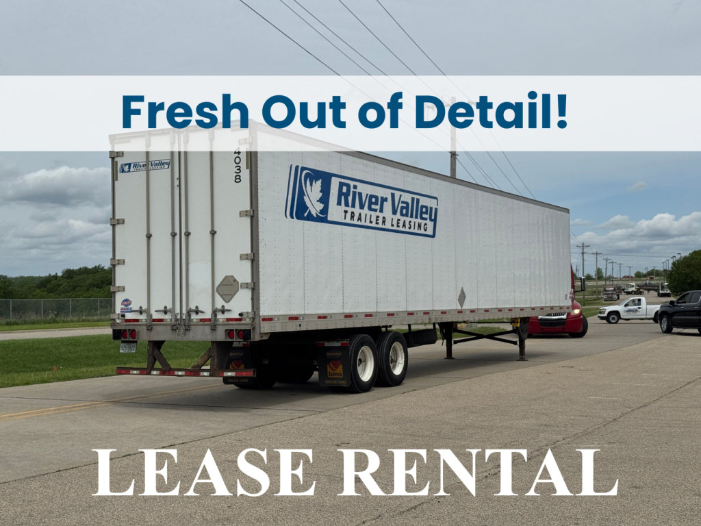 Trailer with River Valley trailer leasing graphic and 'LEASE RENTAL' text beneath, 2014 Utility 4000 Dx trailer in view.