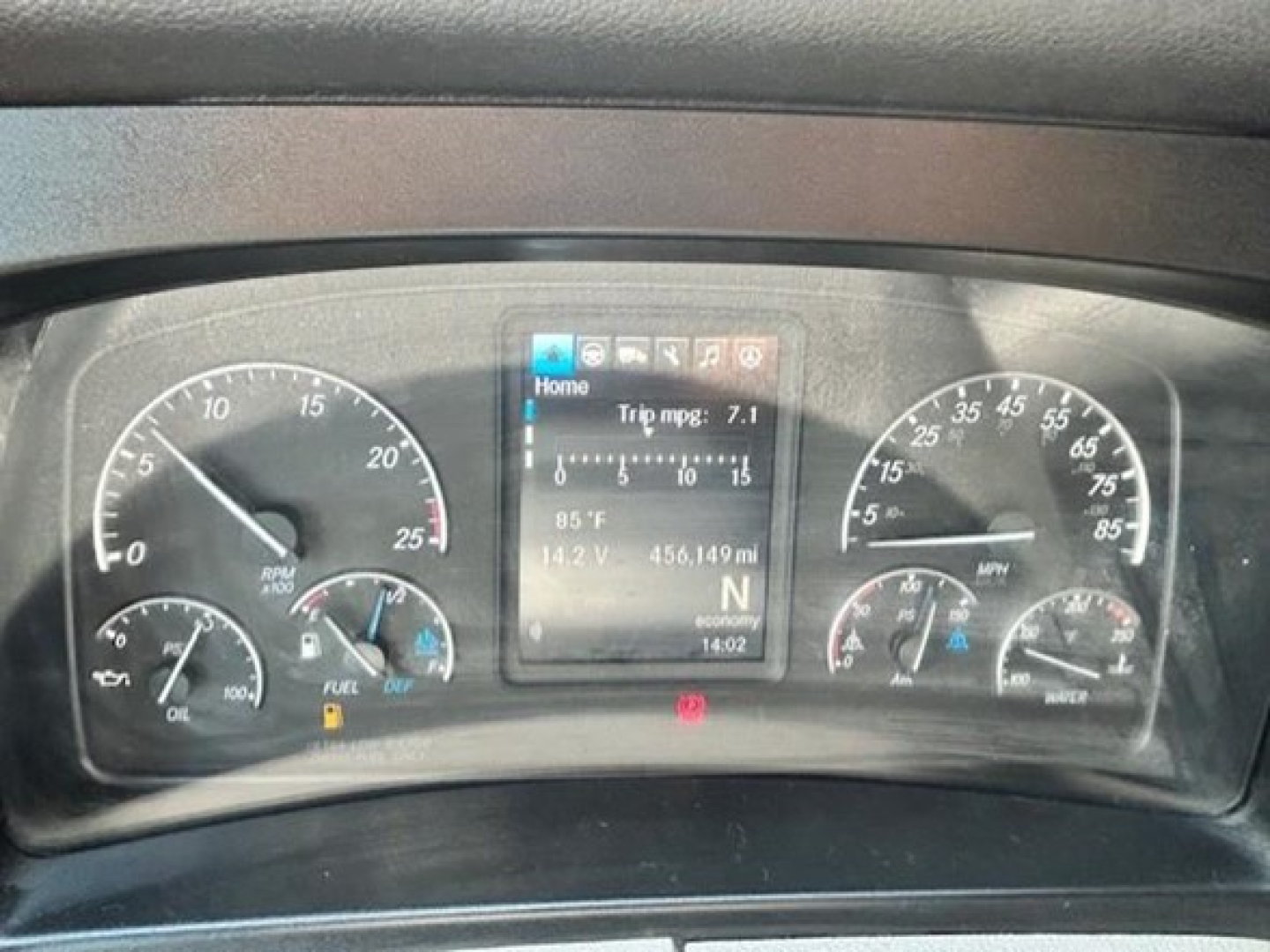 Dashboard of a 2022 Freightliner Cascadia 126 showing instrument clusters, digital display, and gauges.