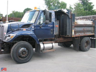Dump truck side view showing blue International 7400 with dump bed and front fender, VIN 1HTWDAAR8BJ338358.