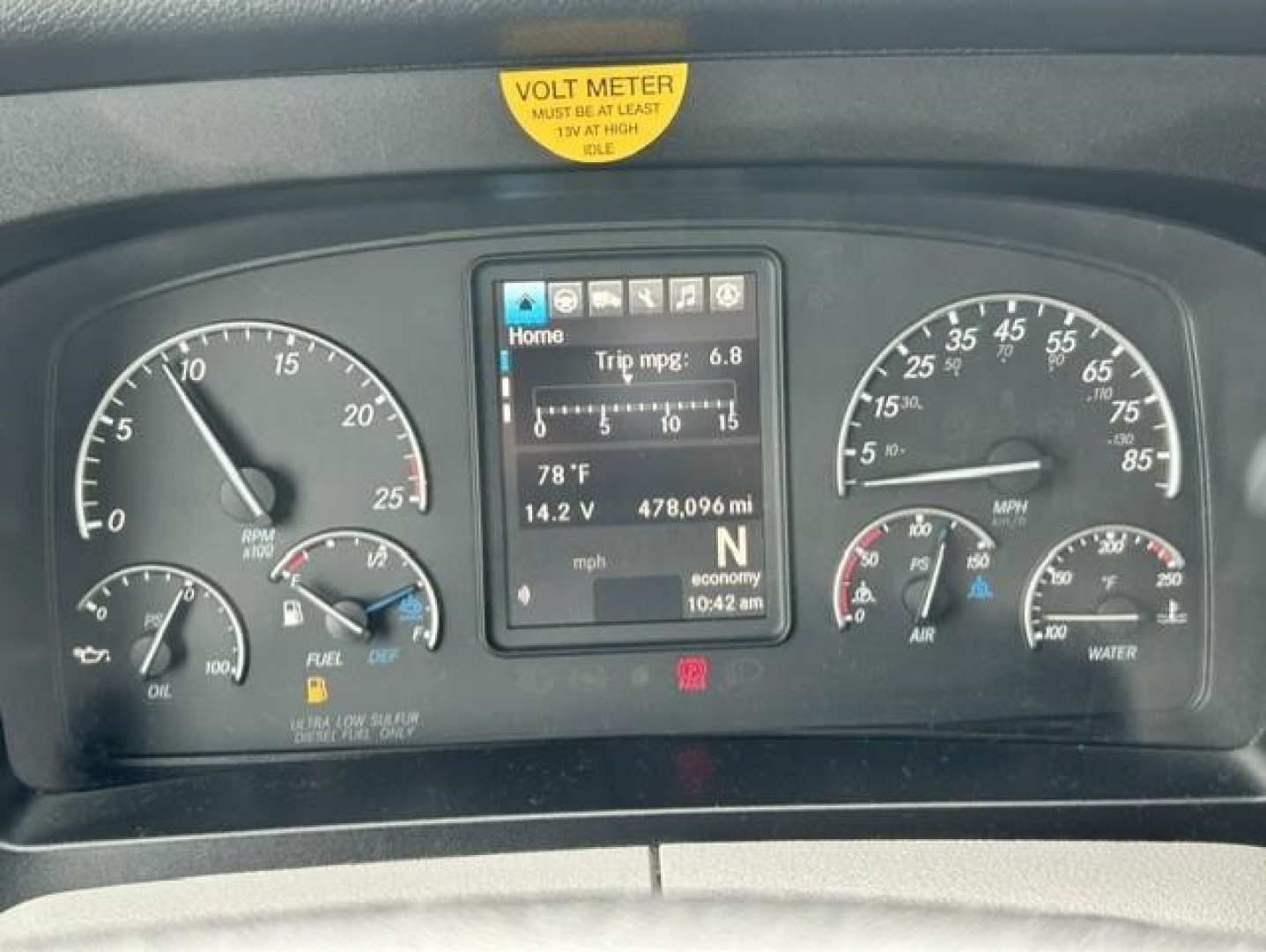 Dashboard of a 2022 Freightliner Cascadia 126 showing instrument cluster, digital display with trip MPG, engine gauges, and a yellow volt meter label above.