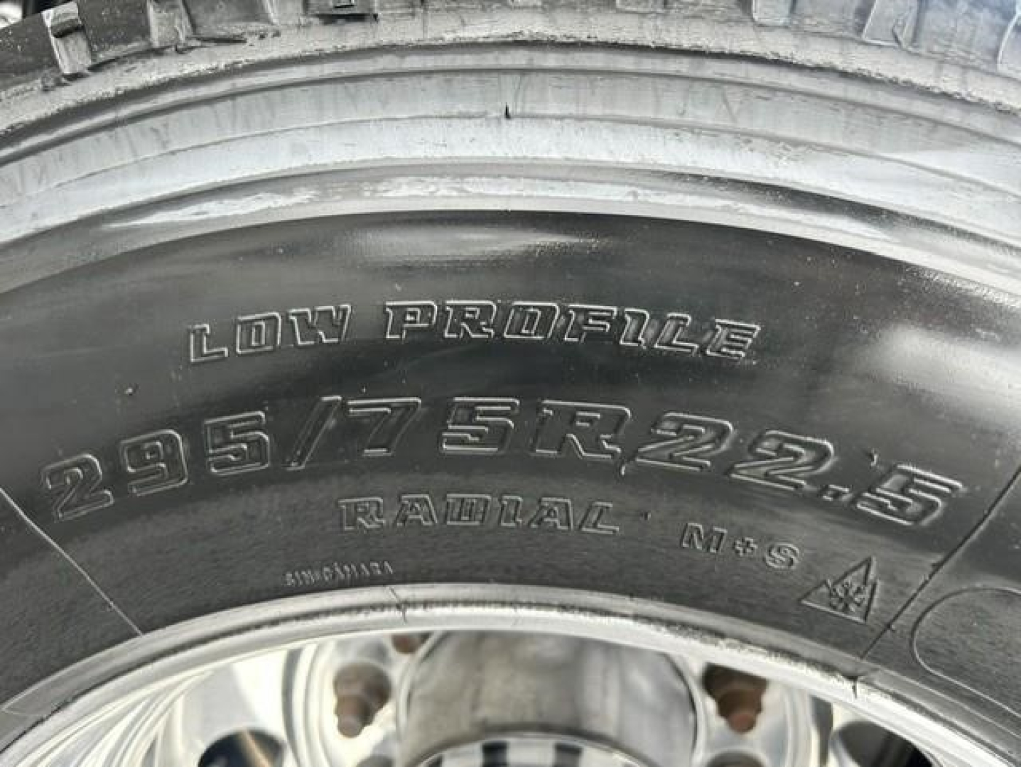 Tire close-up on Freightliner Cascadia showing 295/75R22.5 radial NMS tire and Low Pro tire branding.