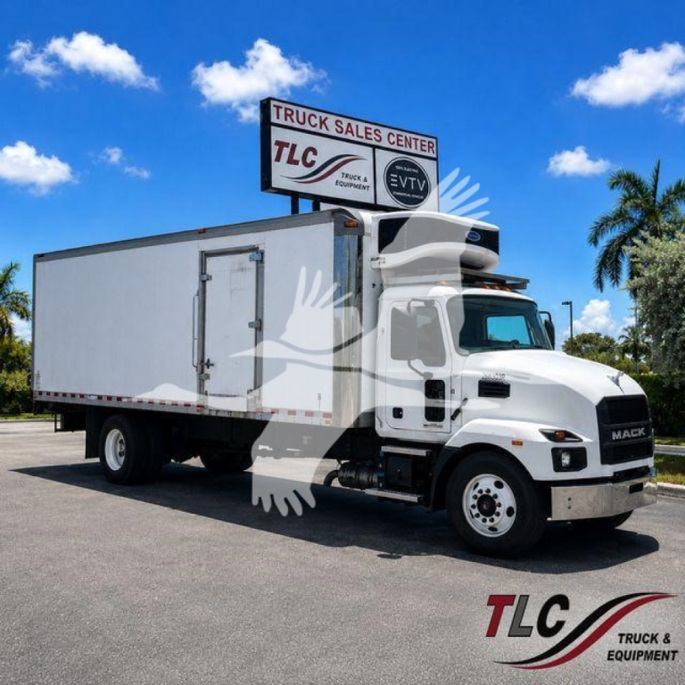 Mack MD6 refrigerated tractor-trailer truck in a dealership lot with TLC Truck & Equipment watermark.