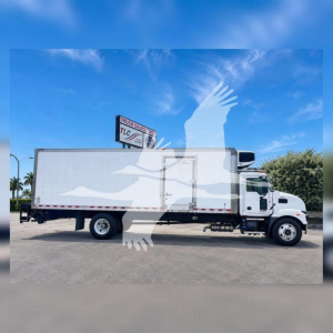Truck side view of a 2023 Mack MD6 refrigerated box truck with white cab and long refrigerated box, stock number 268303R.