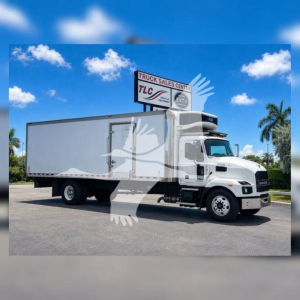 Mack MD6 refrigerated truck showing Cargo box and front cab with refrigeration unit.