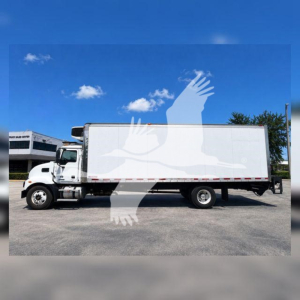 Box truck side view showing refrigerated box on chassis with front cab and wheel arches.