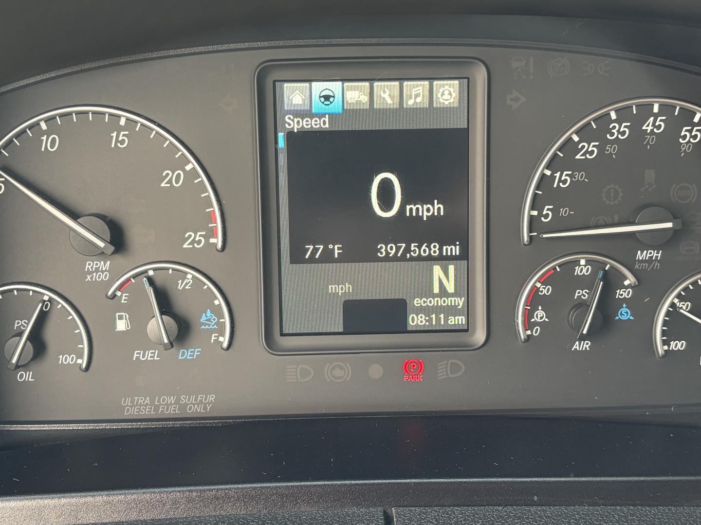 Cab dashboard of a Freightliner Cascadia 126 showing digital display with speed 0 mph, 397,568 miles, gear N, and temperature 77°F.