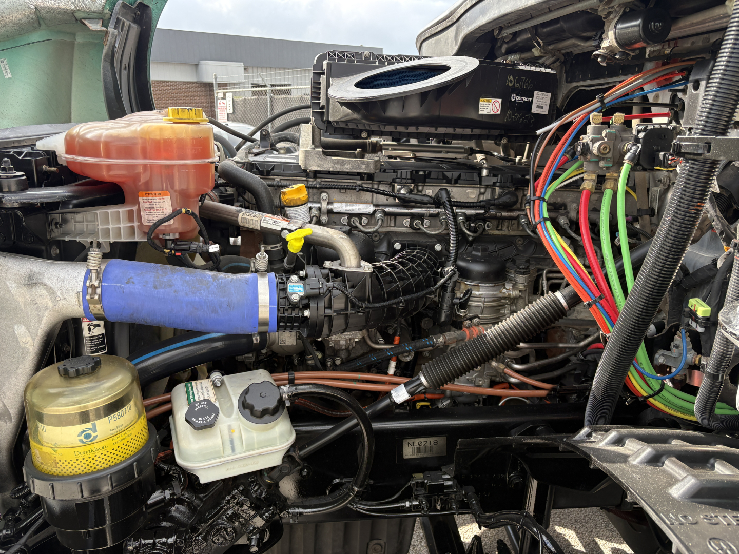 Engine bay of a Freightliner Cascadia 126 truck showing coolant reservoir, yellow oil/air filters, wiring harnesses, hoses, and intercooler piping.