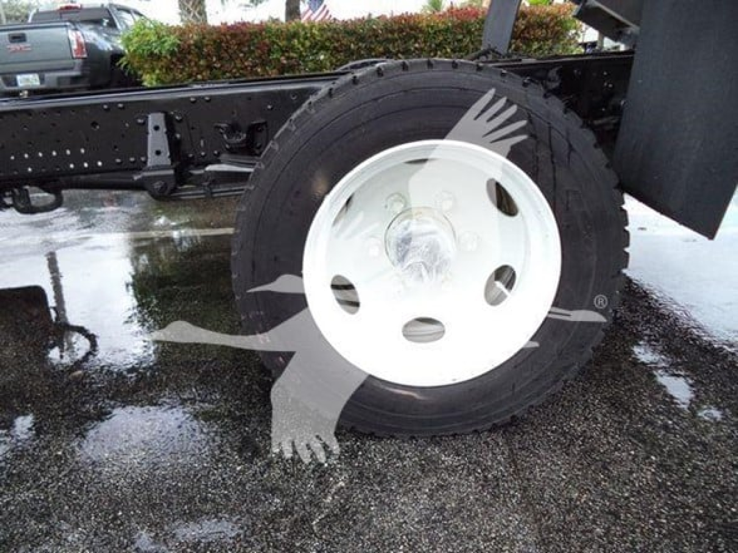 Isuzu NPR XD truck wheel and chassis section showing a white steel rim and tire on a wet pavement.