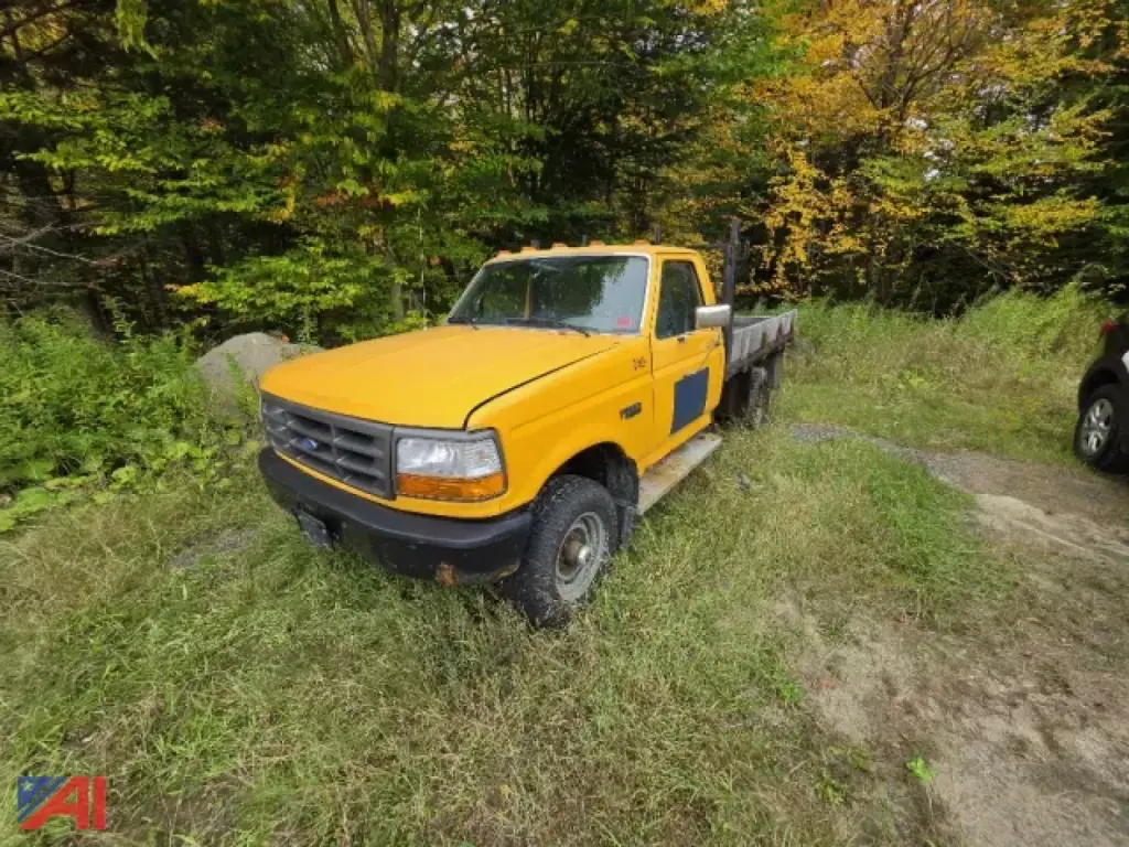 Yellow 1996 Ford F-250 flatbed truck in grassy lot, VIN 2FTHF26H1TCA52521 visible on listing