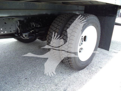 Isuzu NPR/RR truck rear wheel view showing dual rear axle and undercarriage components