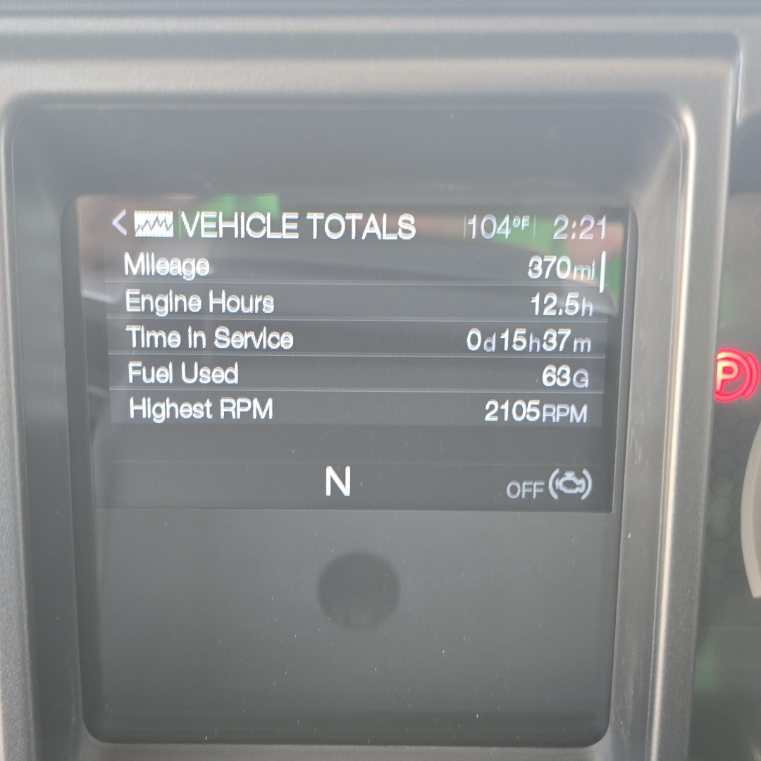 Dashboard display showing Vehicle Totals: Mileage 370 mi, Engine Hours 12.5 h, Time in Service 0d 15h 37m, Fuel Used 63 g, Highest RPM 2105 RPM, N gear indicator.