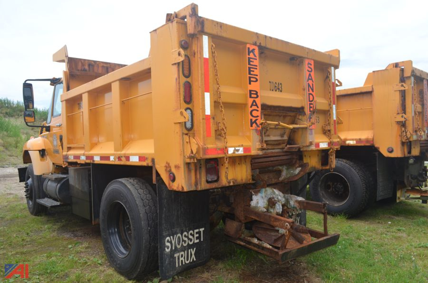 Dump truck bed showing rear view of 2008 International WorkStar 7300 dump truck with yellow paint, tailgate braces, and rear hydraulic assembly.